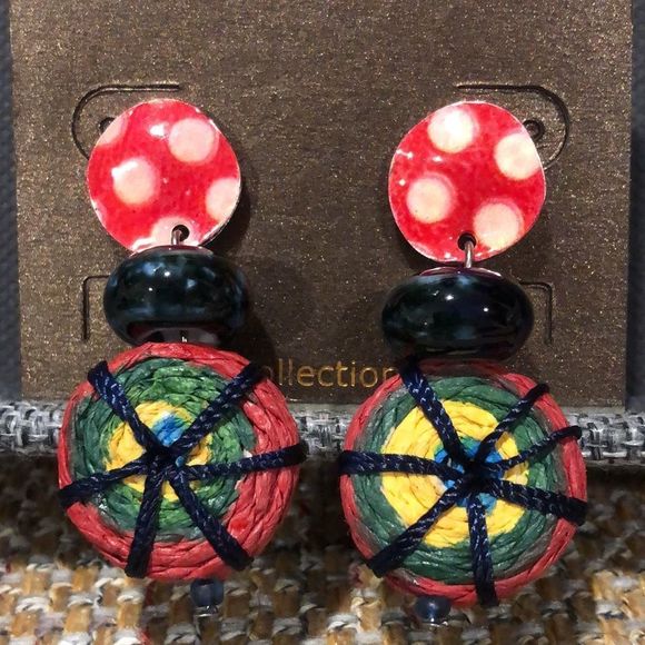 TRESKA Woven Multicolor Polka Dot Round Drop Earrings NWT - Picture 2 of 3